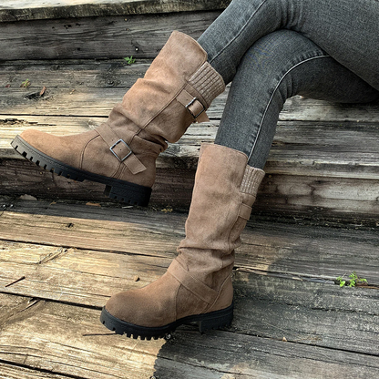 Women’s RanchWrap Buckle Mid-Calf Suede Boots – Knit Cuff Western-Style Slouchy Shoes